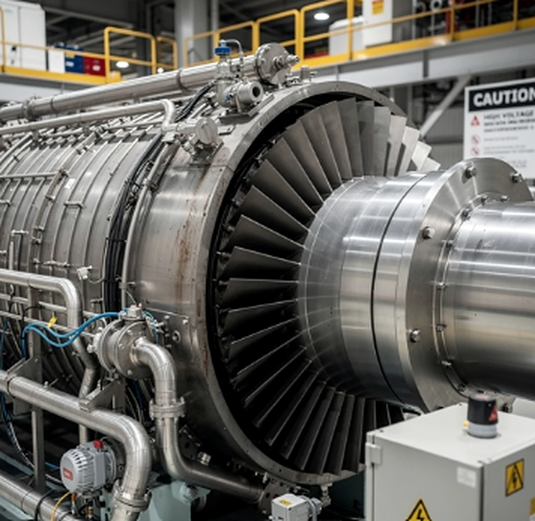Compressor section of an industrial gas turbine on the shop floor, casing open