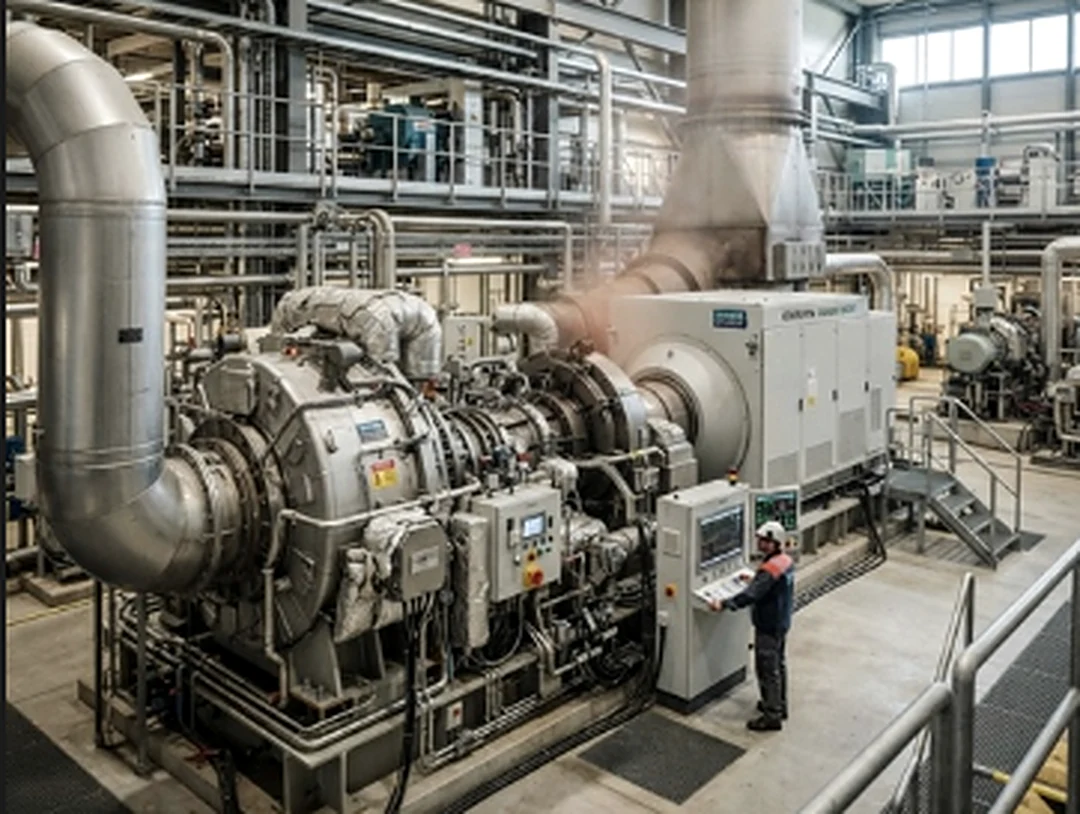 Gas turbine generating set installed in a turbine hall, technician at the control panel